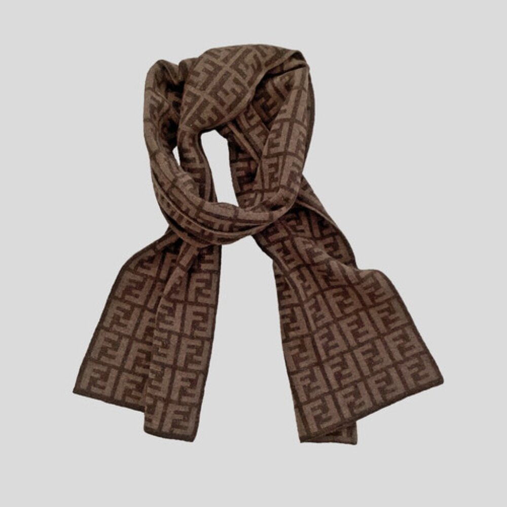 Fendi Brown Monogram FF Logo Wool Muffler Scarf Unisex - Picture 3 of 11